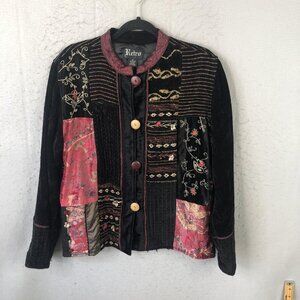 Retro Jacket Womens Medium Black Patchwork Velvet Embroidered Bohemian Tapestry